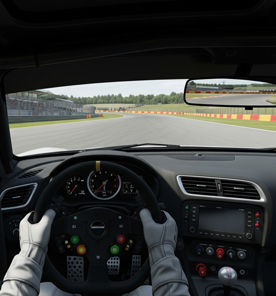 Assetto Corsa sim racing driver looking towards apex.